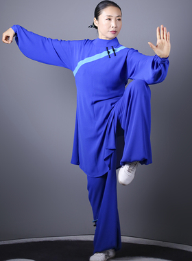 马蕾太极春夏新款宝蓝色太极练功服女式时尚太极表演服丝麻中长款