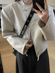 摩登mdeng197正品大头花同款PU阔肩短款皮衣外套女582W