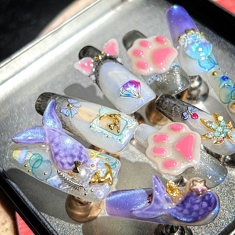 纯手工手绘人鱼陷落鱼尾猫咪穿戴甲猫耳朵猫爪垂耳执事兰波白楚宁