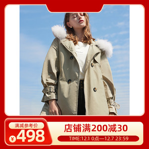 三彩2022秋冬季新款风衣式连帽羽绒服毛领保暖派克服简约通勤女