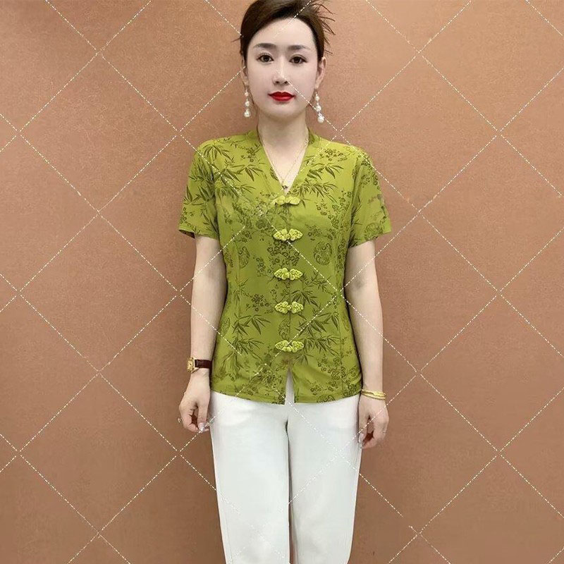 复古盘扣薄款冰丝短袖t恤女夏款新中式减龄显瘦百搭妈妈装上衣