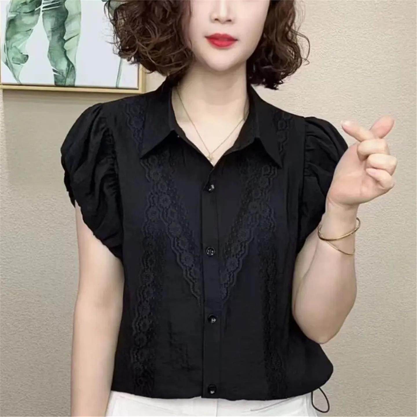夏季新款时尚洋气翻领蕾丝拼接短袖衬衫气质百搭宽松显瘦女士上衣