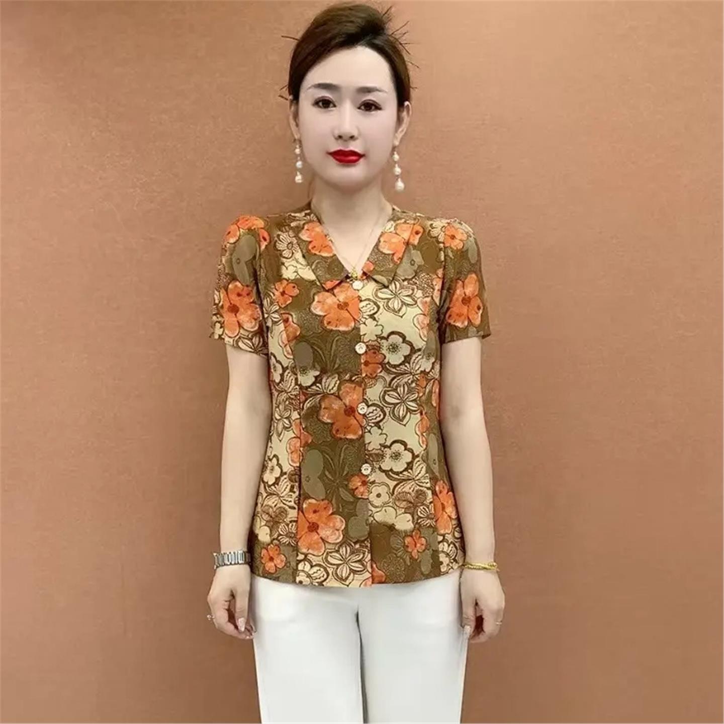 夏季新款洋气减龄T恤翻领印花小衫时尚遮肉显瘦百搭短袖上衣女装