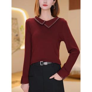 烫钻翻领纯色长袖 2025秋季 减龄妈妈装 时尚 T恤气质显瘦上衣女 新款