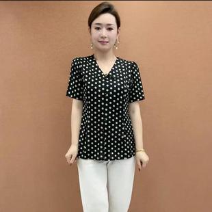 遮肉休闲上衣 洋气中年妈妈碎花翻领百搭短袖 t恤夏季 新款 气质薄款