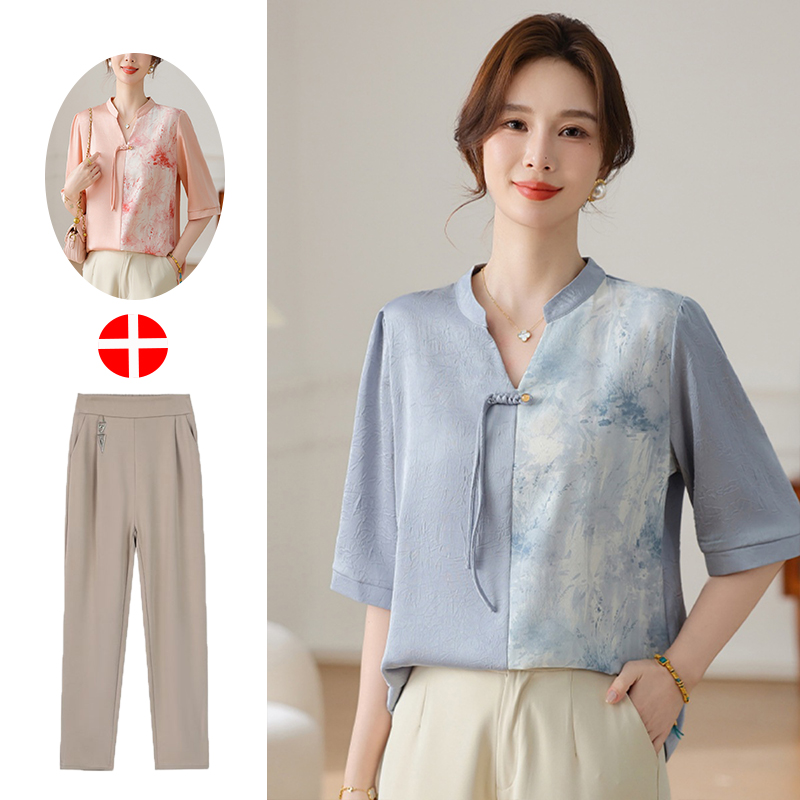 新中式妈妈夏装套装时尚短袖小衫中老年人女装高贵T恤衬衫上衣服