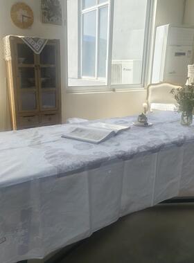 V312潮绣玻璃纱长方桌布2.5×1.6m白色麻质