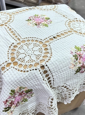 P301 白色钩针拼丝带绣方桌布130cm