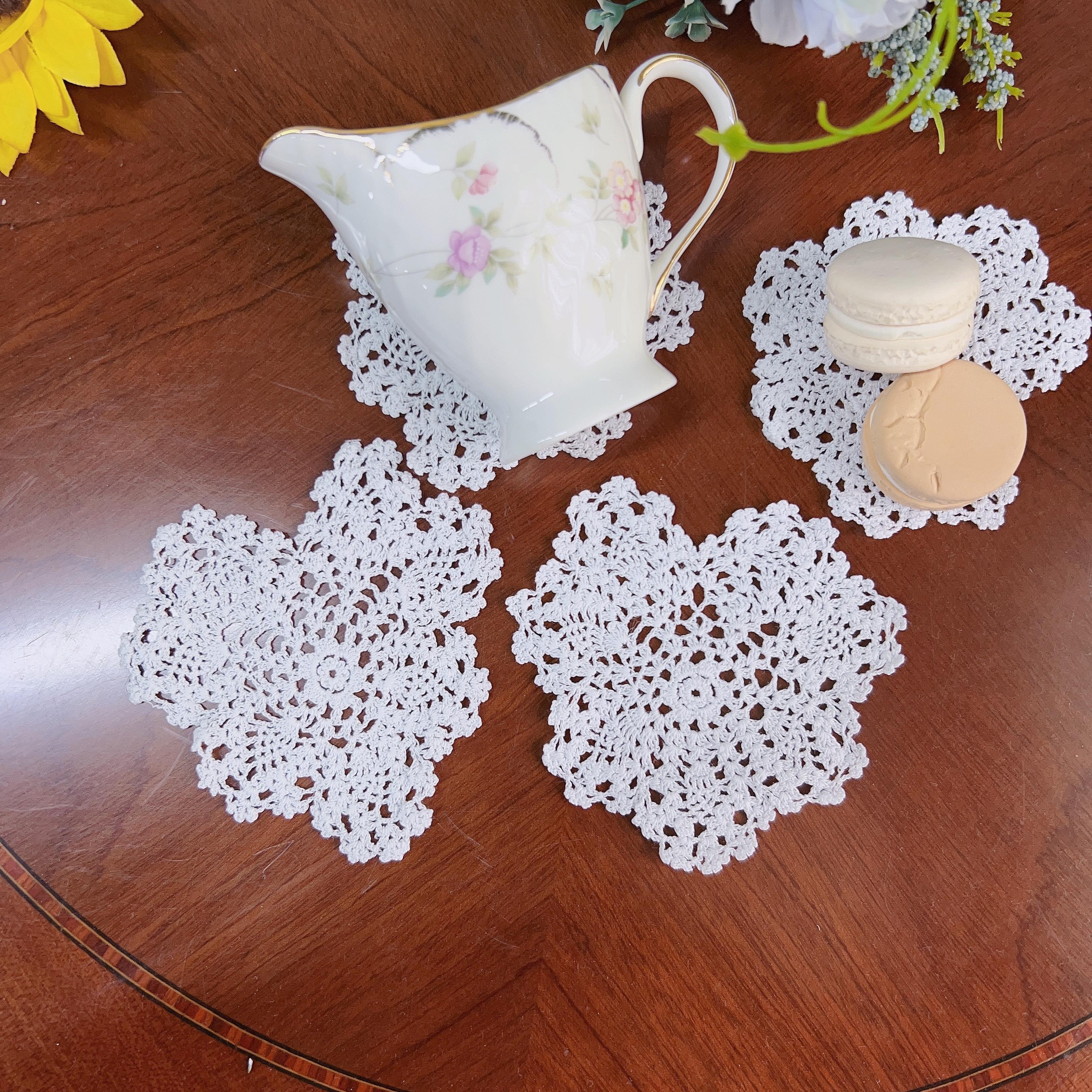 Q240 细线钩针心形小号杯垫白色棉质5x8cm（12片）氧化