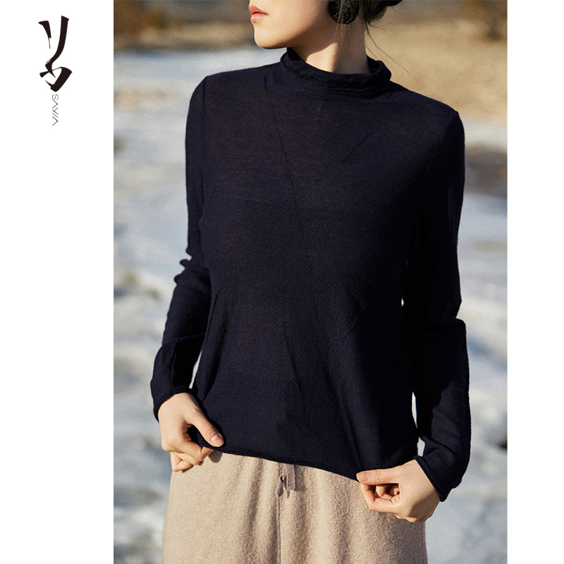 80支精纺羊绒提花中领卷边打底衫