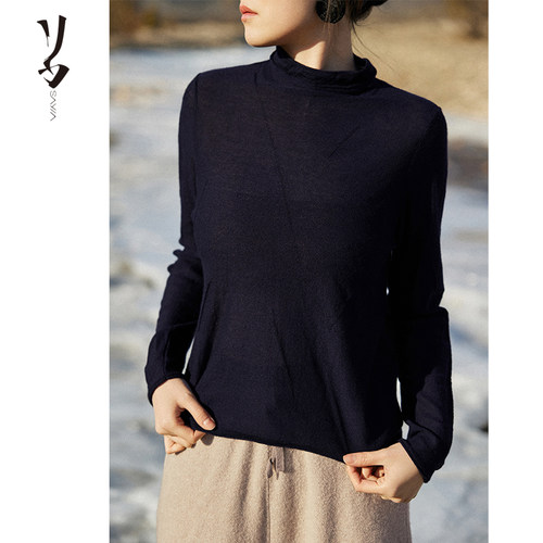 80支精纺羊绒提花中领卷边打底衫