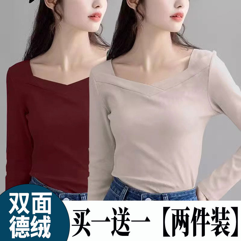 磨毛打底衫女款不规则方领德绒秋冬2025磨毛小众T恤内搭保暖上衣