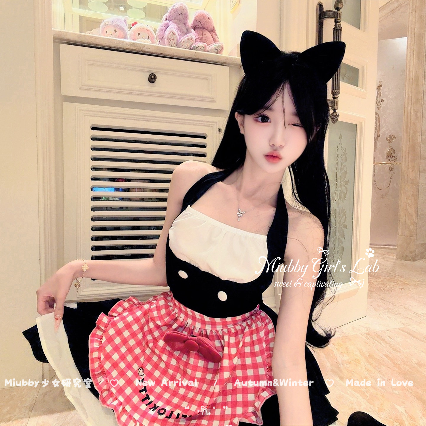 Miubby「黑莓小猫」甜美纯欲可爱挂脖KT圣诞女仆套装软妹制服裙