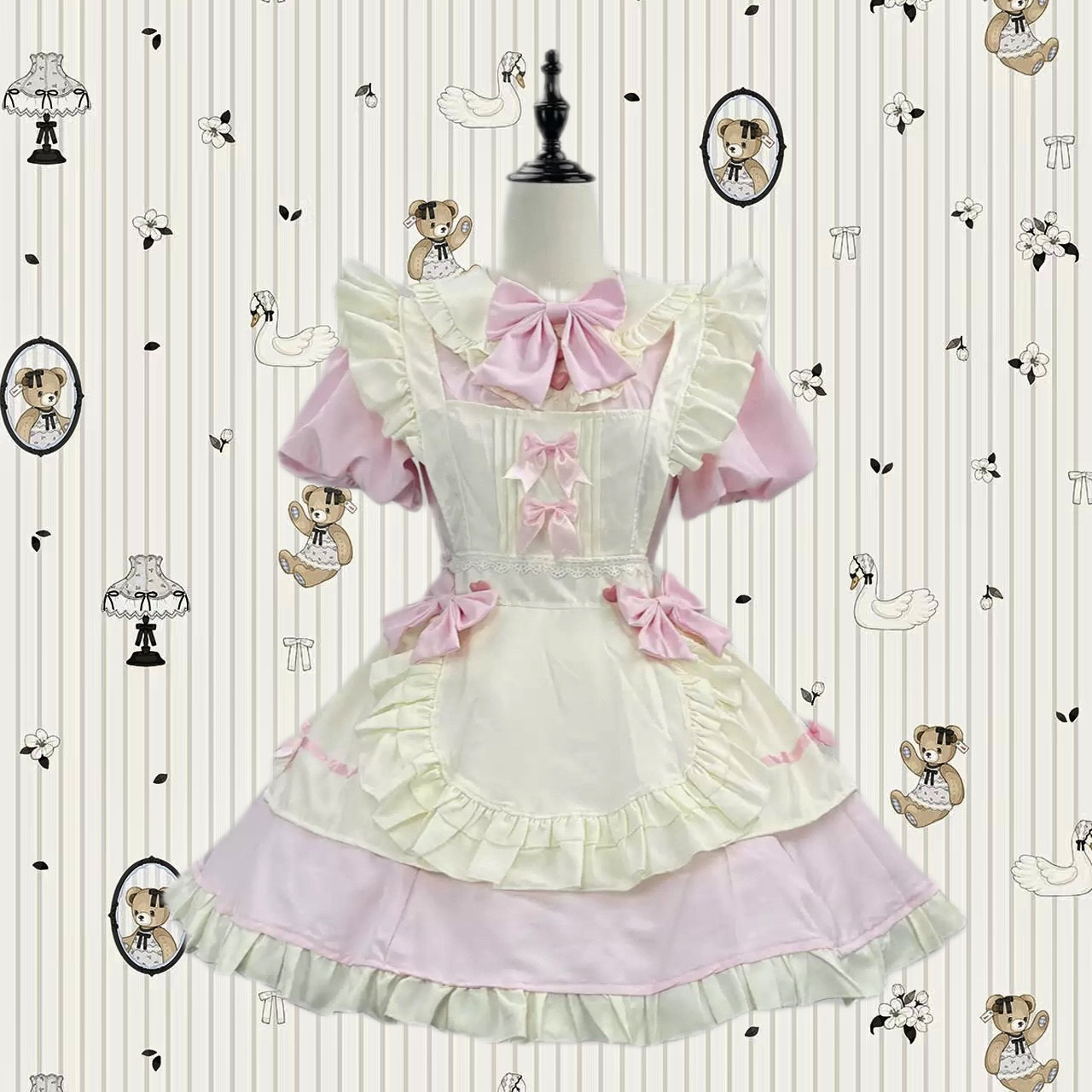 女装 フリルリボン飾りクラシックメイド服セット