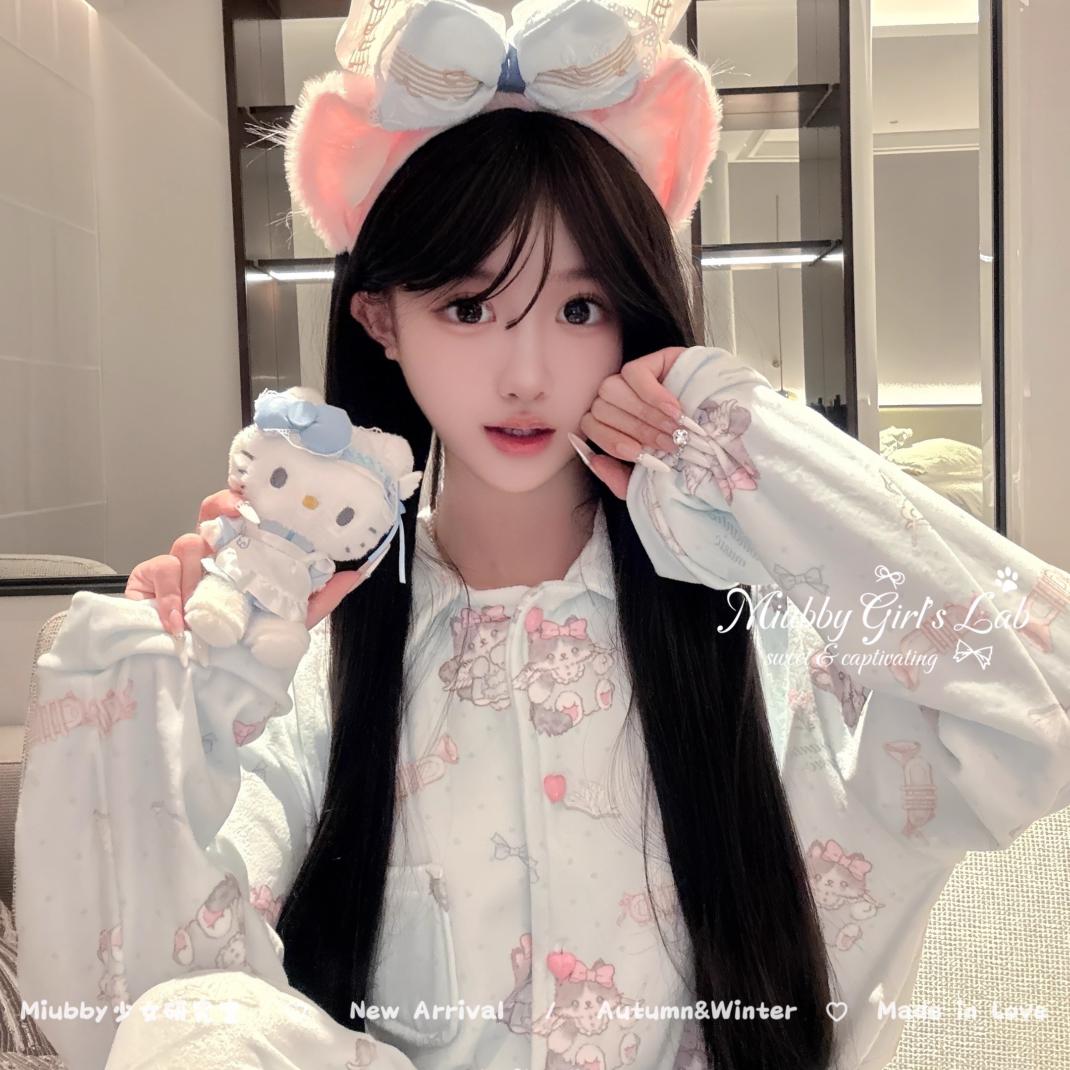 Miubby「喵喵天使梦冬款」少女卡通海岛绒睡衣爱心扣保暖家居服新