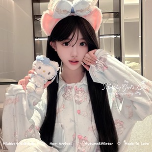 Miubby「喵喵天使梦冬款」少女卡通海岛绒睡衣爱心扣保暖家居服新