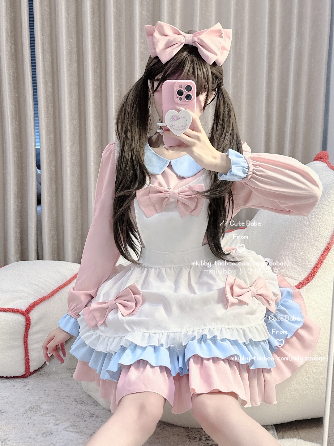 Miubby「恋恋慕斯」日系软妹蝴蝶结粉色女仆装lolita长袖cos服
