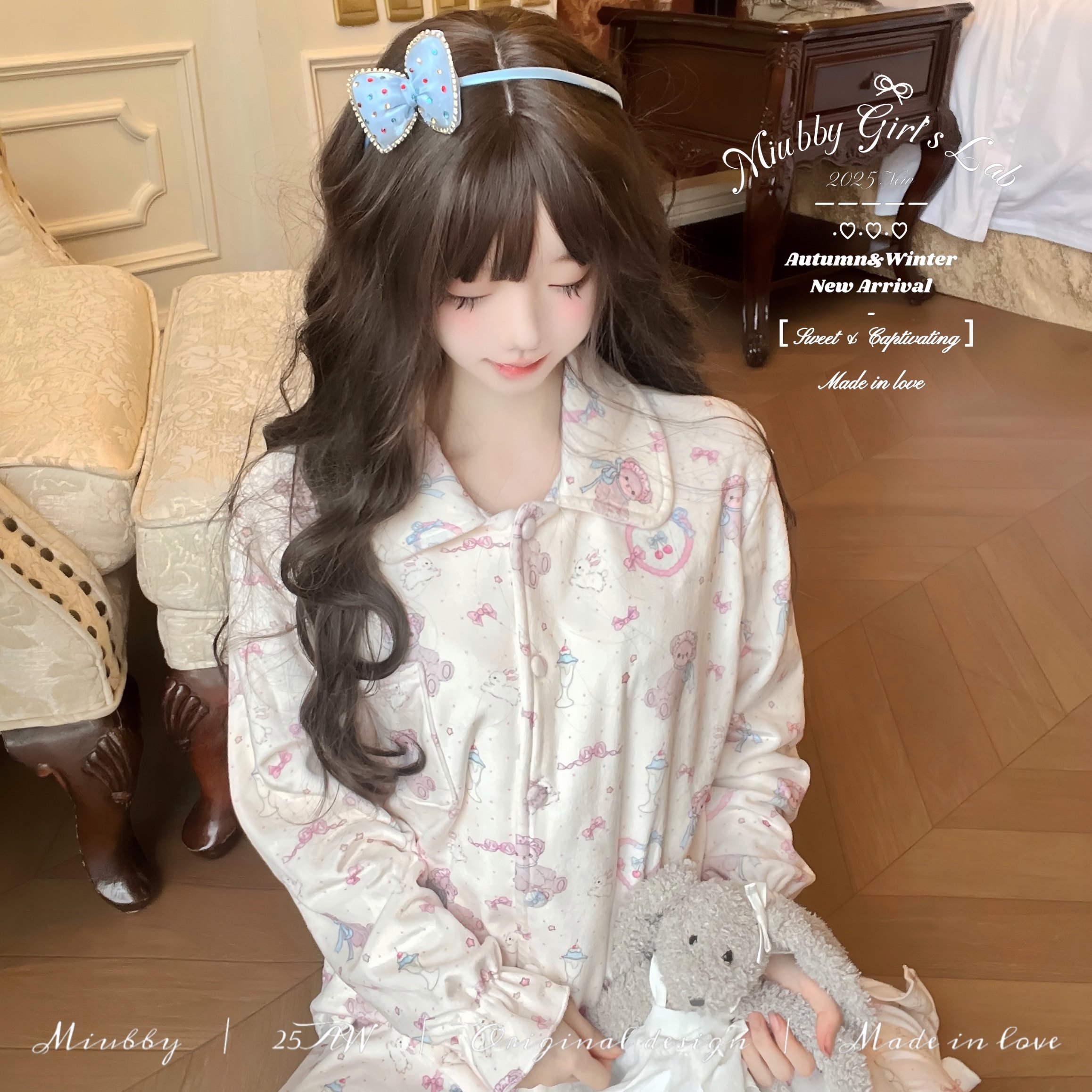 Miubby「熊兔茶话会」日系甜美卡通印花海岛绒睡衣加绒少女家居服