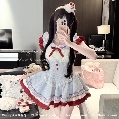 Miubby「樱桃甜心派」日系软萌娃娃领蓝色格纹圣诞洛丽塔蛋糕裙