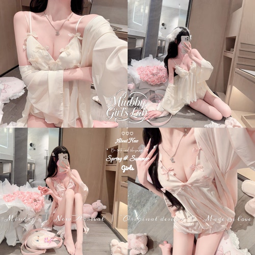 Miubby「娇宠美人」法式性感冰丝睡衣26新纯欲蝴蝶结吊带外袍套装