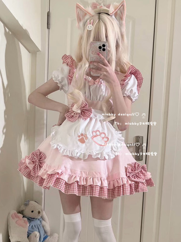 Miubby「甜桃喵喵」日系软妹粉色猫咪女仆装lolita甜美可爱连衣裙