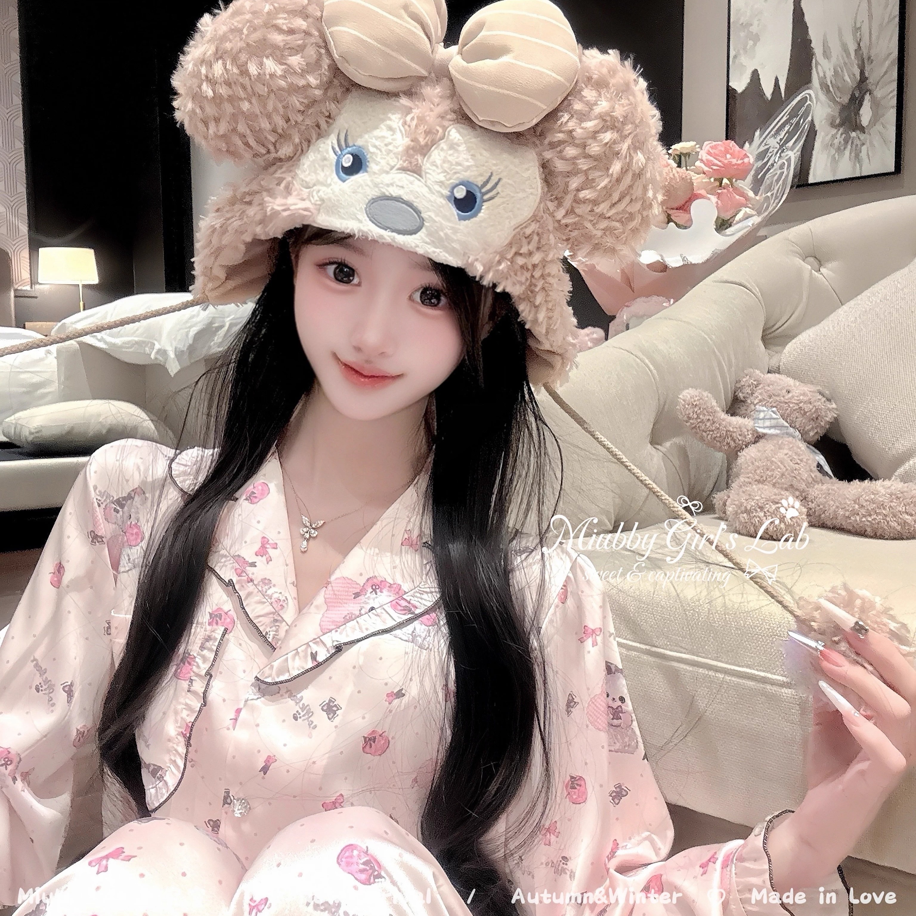 Miubby「粉熊果恋」卡通少女荷叶边冰丝长袖睡衣纯欲软萌家居服