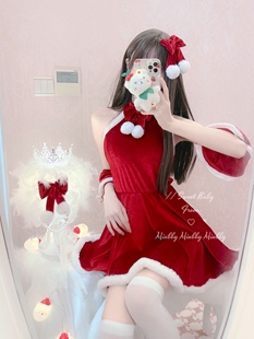 Miubby「雪绒绒」纯欲可爱红丝绒cos圣诞红裙性感露肩新年连衣裙