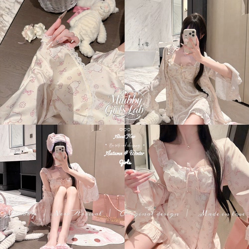Miubby「花兔蜜朵」可爱少女印花荷叶边纯欲冰丝睡裙外袍套装26秋
