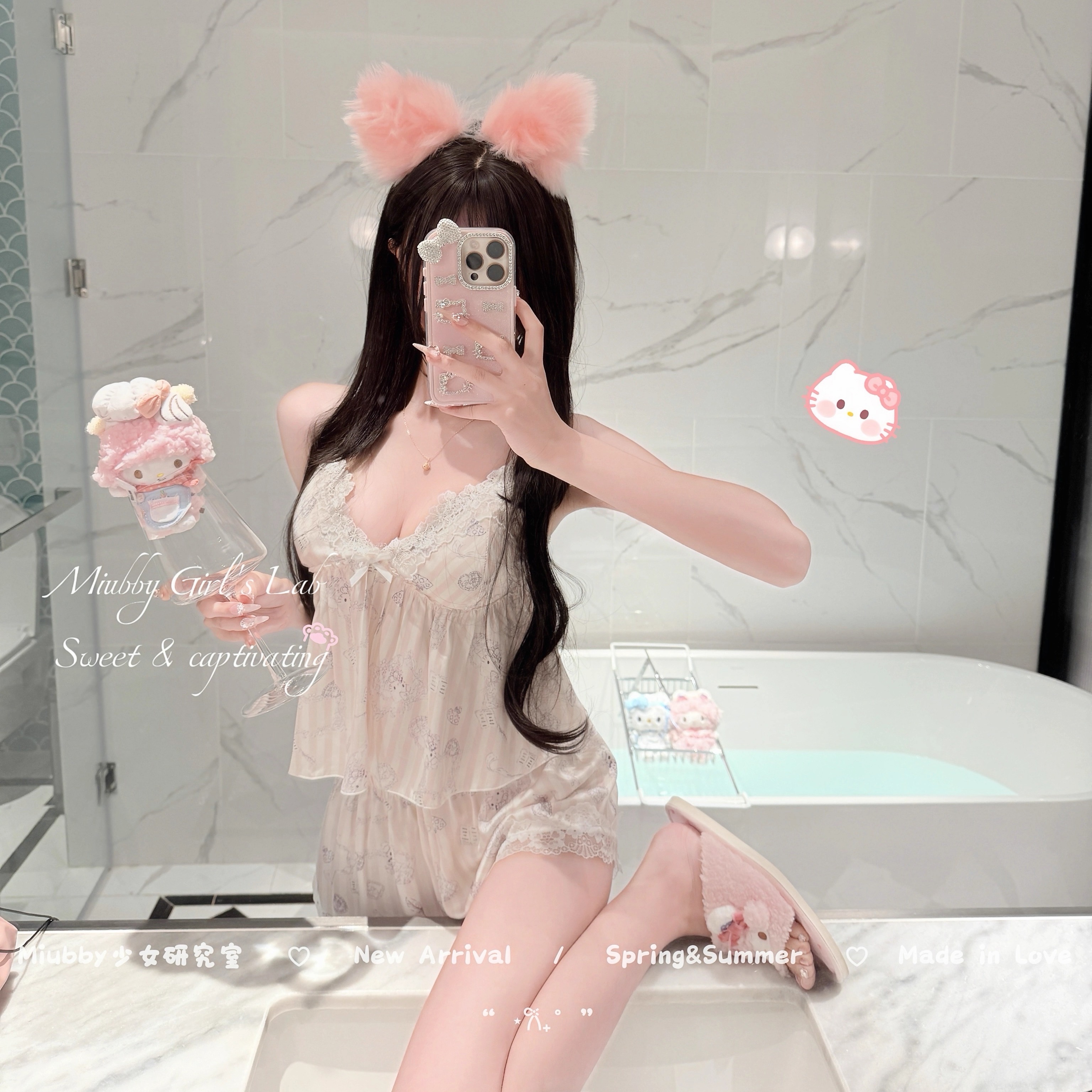 Miubby「公主小k」日系纯欲甜美印花蕾丝冰雪丝吊带短裤家居服