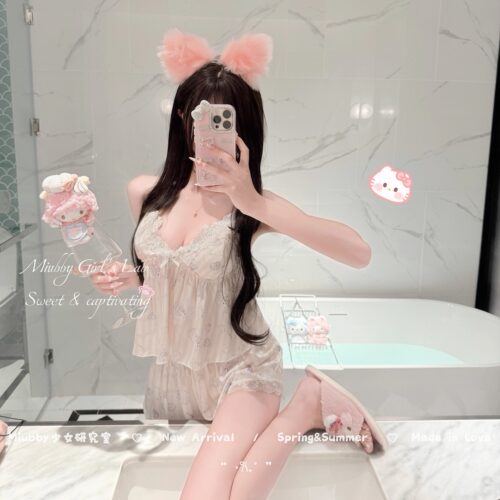 Miubby「公主小k」日系纯欲甜美印花蕾丝冰雪丝吊带短裤家居服