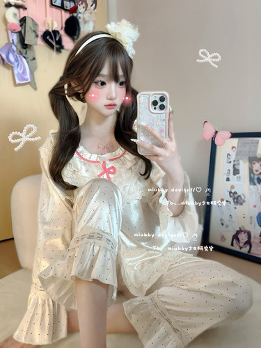 Miubby「公主小妹」韩系甜美波点长袖冰丝睡衣套装蕾丝纯欲居家服