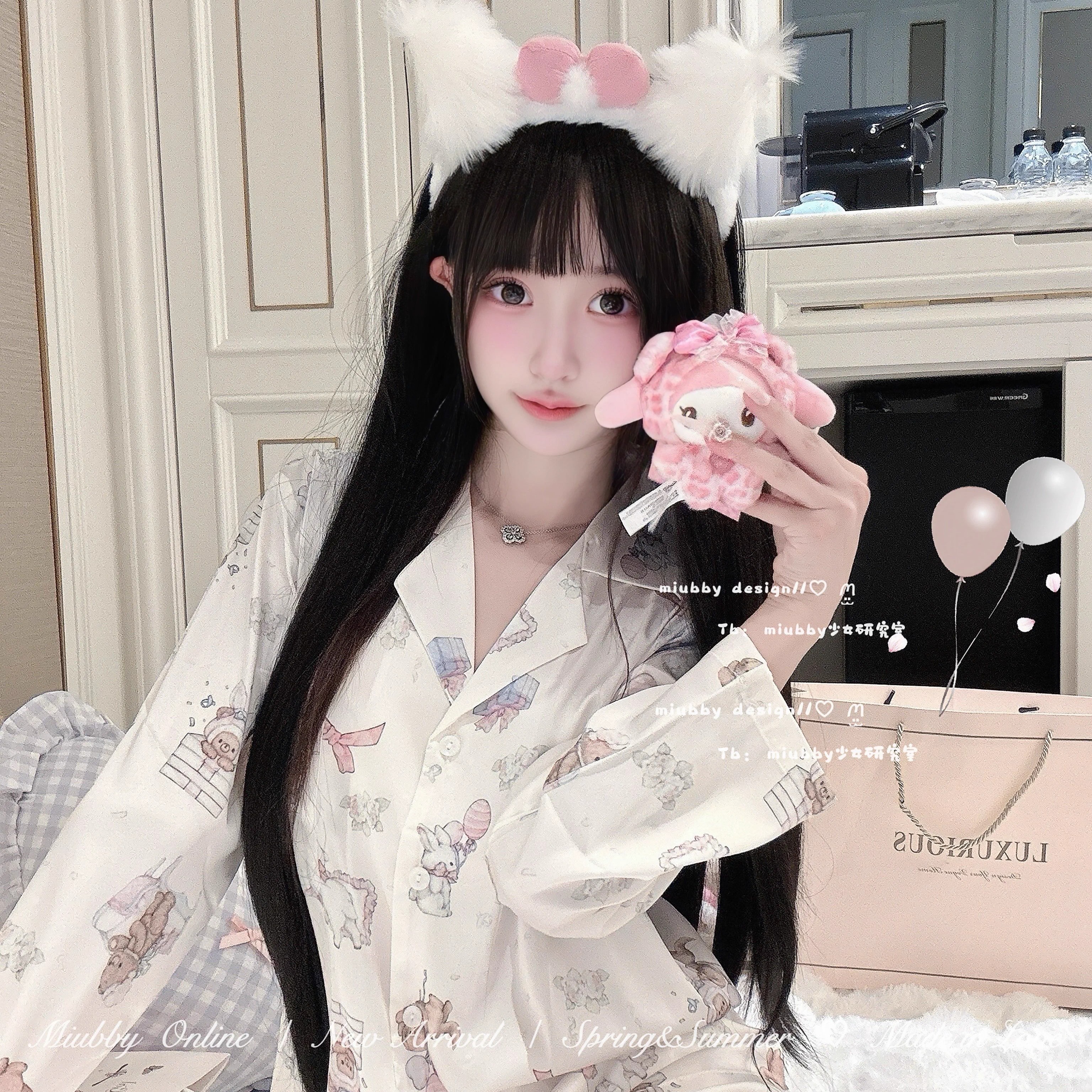 Miubby「熊兔梦幻屋」春夏少女纯欲可爱冰雪丝印花睡衣长袖长裤