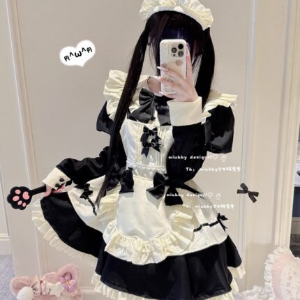 Miubby「芝心莉莉丝」法式甜美蝴蝶结女仆装Lolita长款接袖连衣裙