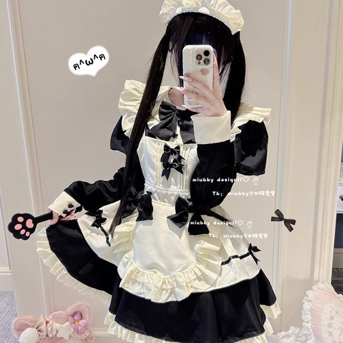 Miubby「芝心莉莉丝」法式甜美蝴蝶结女仆装Lolita长款接袖连衣裙