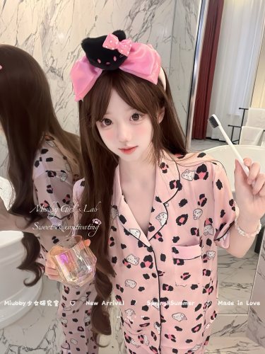 Miubby「奶豹KT」可爱粉色豹纹冰雪丝短袖三件套长袖长裤家居服新