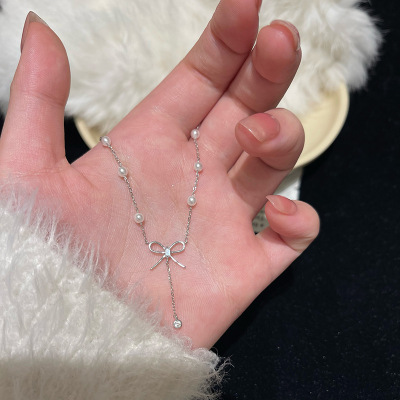 蝴蝶结流苏项链女珍珠锁骨链轻奢小众气质百搭高级感简约珍珠项链