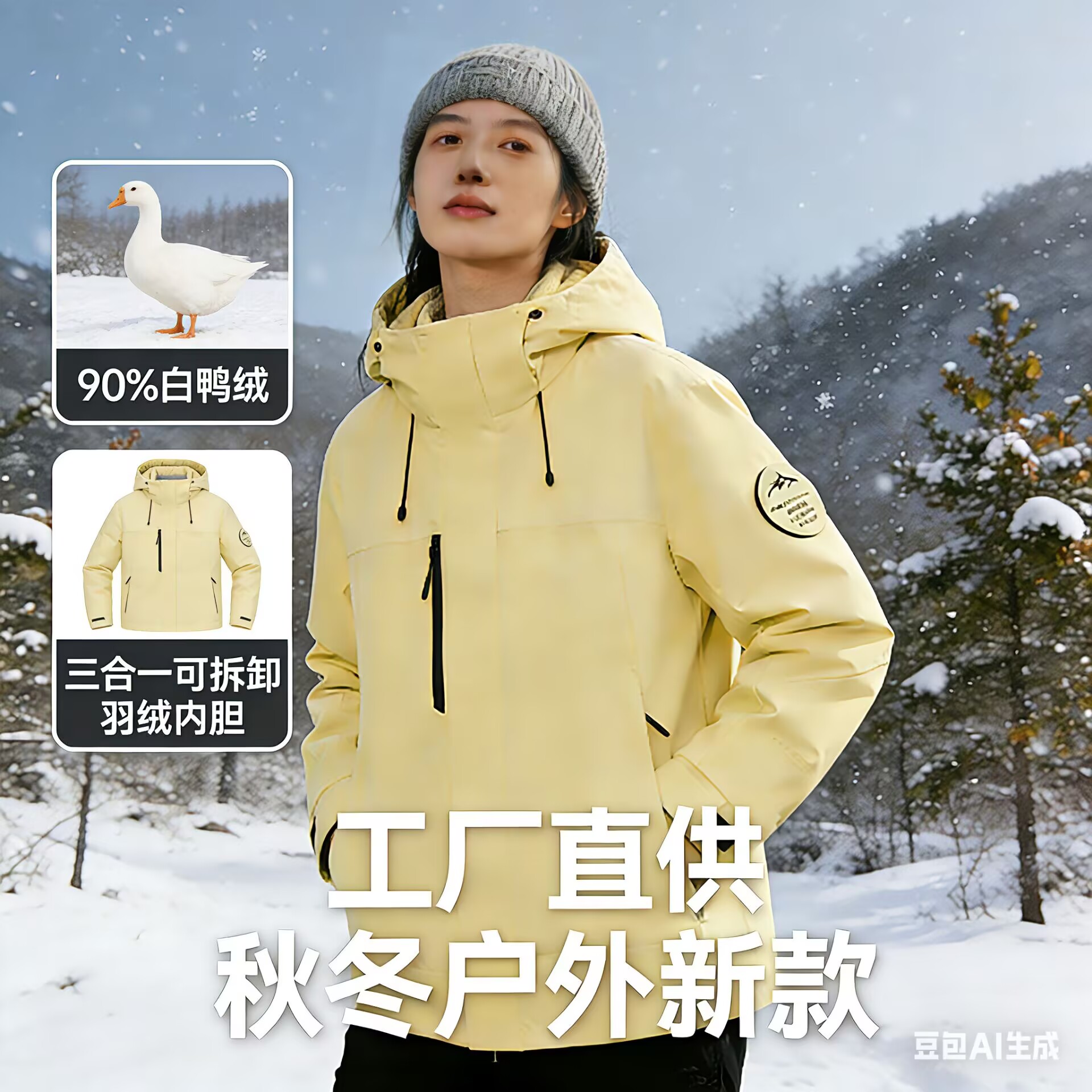 外贸尾单秋冬情侣登山服冲锋衣外套户外防风三合一防水羽绒