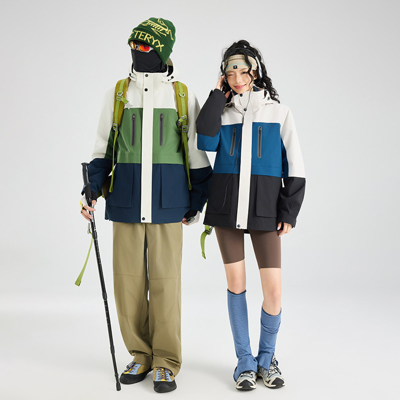 外贸尾货机车风男女可脱卸三合一两件套防水户外奥粒绒拼色冲锋衣