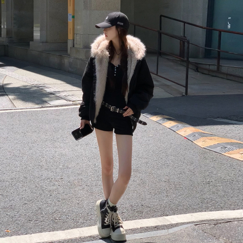 外贸尾单男女同款冬季长毛领兔子棉衣服上衣夹克衫耳朵连帽