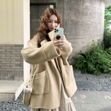 黄色连帽双面呢外套女2025冬季新款小个子超好看宽松减龄羊绒大衣，女装羊绒大衣，2B218