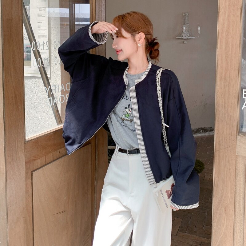 撞色拼接条纹假两件短外套女春秋2025新款休闲气质显瘦小个子上衣,女装短外套,2B218