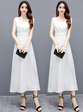 白色无袖连衣裙气质长裙轻奢小众高端晚礼服修身显瘦方领裙子女夏