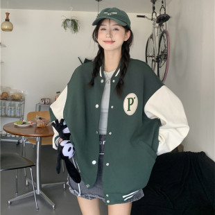 撞色棒球服女2025年春秋新款美式复古学生小个子卫衣BF风宽松外套