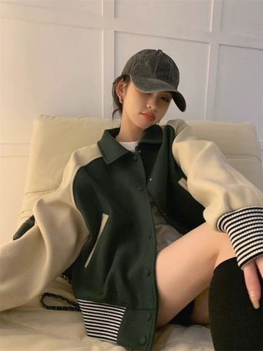 宽松百搭毛呢外套棒球服开衫