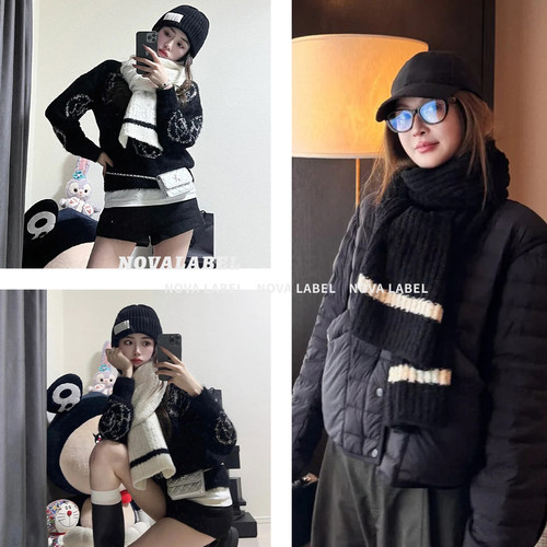 松软厚实黑白针织泰迪熊羊毛围巾