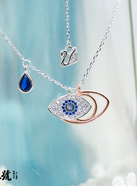 纯银蓝色眼睛水晶短项链送女友