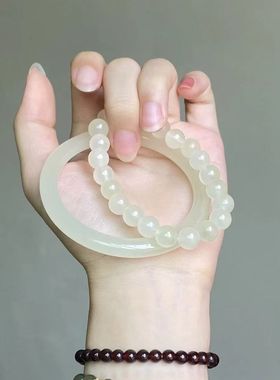 青白玉手镯手链女玉镯冰透古风唯美温柔气质款晴水色手镯手链