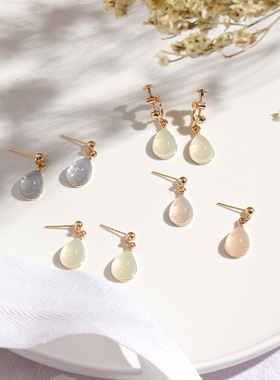 复古耳环无耳洞女适合短发油画 雾蓝青提奈若利橙雨滴耳夹 四色