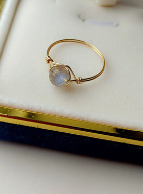 灰蓝月光石戒指原创轻奢手工14K包金线圆珠指环女款