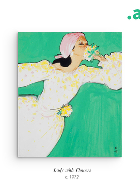Lady with Flowers 复古vintage海报装饰画 法式小清新绿色挂画